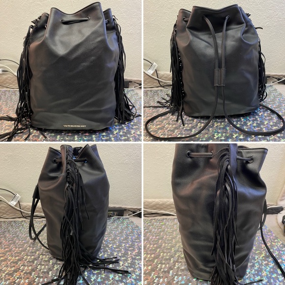 Victoria's Secret Drawstring Blk Faux Leather Backpack Fringe Cinch Bag Bookbag - Picture 4 of 11